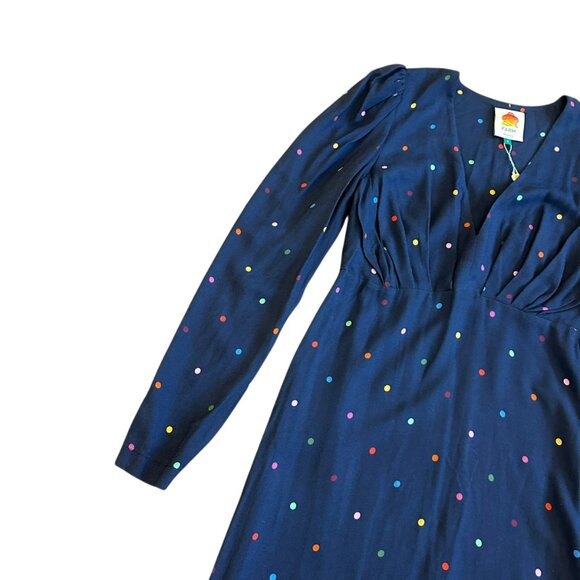 Farm Rio Lucy Dots V-Neck Dress Navy Colorful Long Sleeve Shift Size Small NWT - Picture 5 of 13